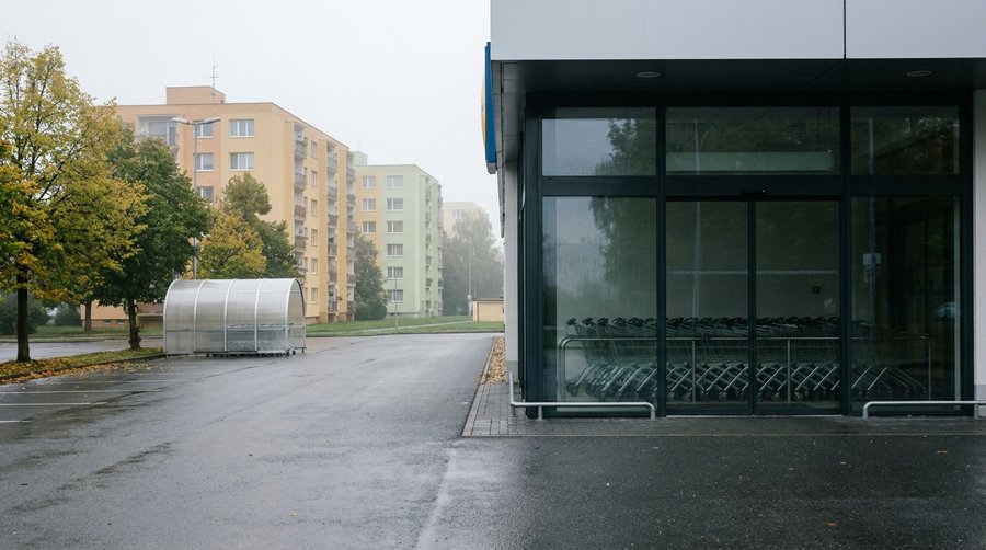 закрытый вход большого супермаркета в праздничный день