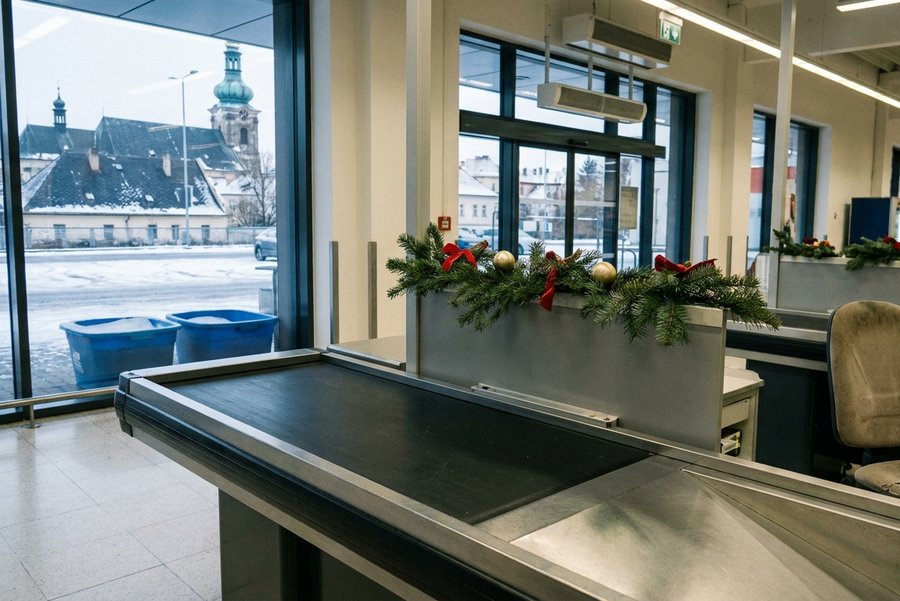 касса супермаркета утром в Сочельник