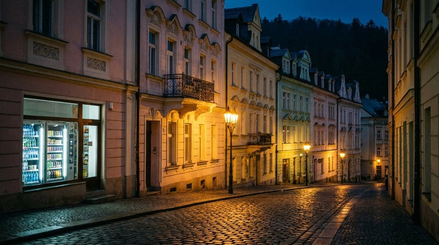 ночная улица курортного города с круглосуточной витриной
