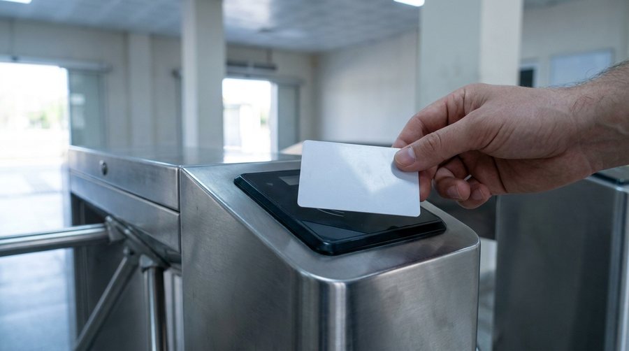 Рука прикладывает белую транспортную карту к считывателю стального турникета на входе в станцию