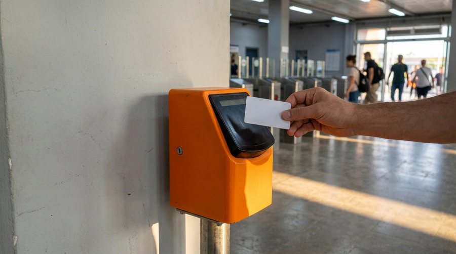 Рука подносит белую карту к оранжевому валидатору на стене, за ним ряд турникетов выхода