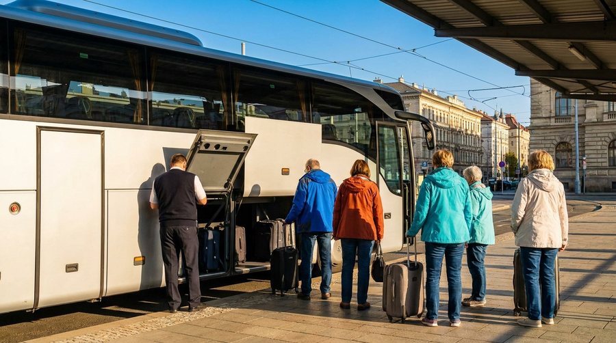Водитель укладывает чемоданы в багажный отсек междугороднего автобуса, пассажиры ждут посадки
