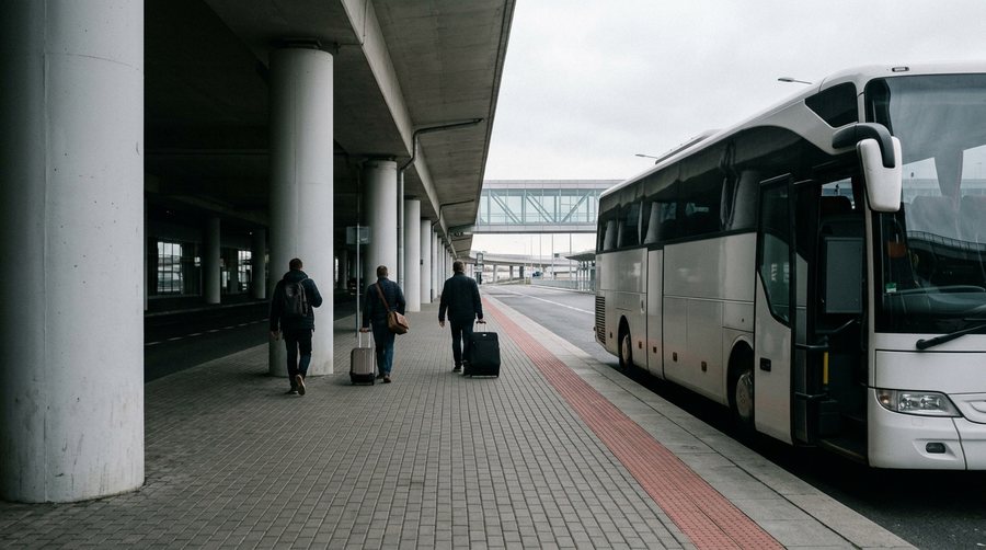 Остановка автобусов под бетонной эстакадой на круглых колоннах, пассажиры с чемоданами идут вдоль белого автобуса