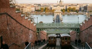 Два коричневых вагона фуникулёра между кирпичными стенами трассы, внизу Цепной мост и Дунай