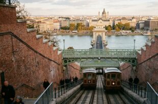 Два коричневых вагона фуникулёра между кирпичными стенами трассы, внизу Цепной мост и Дунай