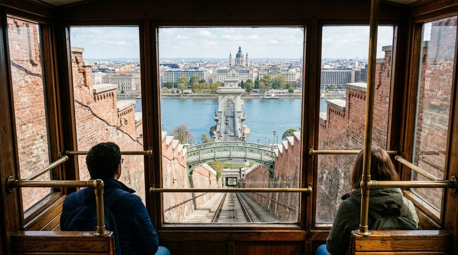 Вид из деревянного салона вагона вниз по трассе на Цепной мост и купол базилики за Дунаем