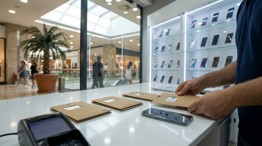 продавец раскладывает конверты с SIM-картами в салоне связи