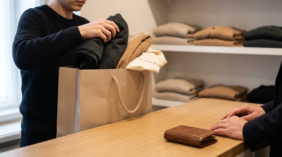 Продавец складывает шарф, кардиган и рубашку в один большой бумажный пакет, рядом кошелёк покупателя