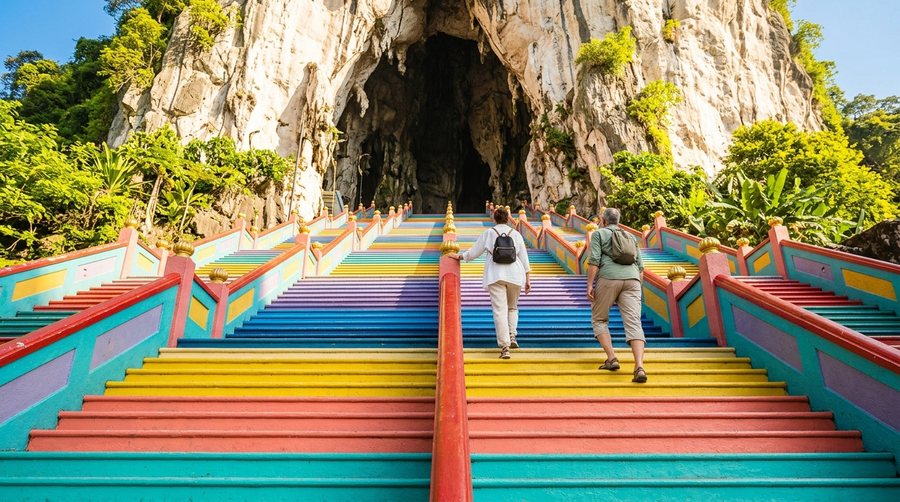 Двое в закрытой одежде поднимаются по разноцветным ступеням с балюстрадами к входу в пещеру в скале
