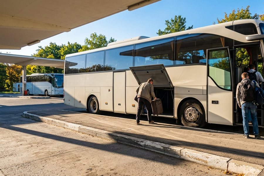 Пассажир грузит чемодан в багажный отсек светлого междугороднего автобуса у перрона