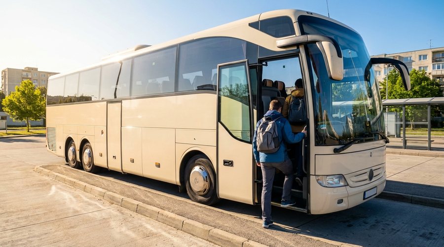 Двое с рюкзаками садятся в междугородний автобус на солнечной пригородной автостанции