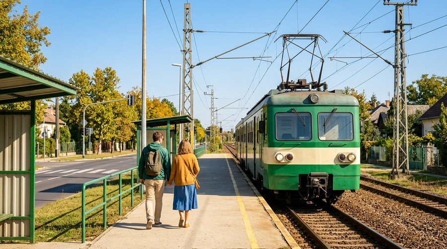 Зелёно-кремовый пригородный поезд у низкой платформы с зелёными перилами, рядом дорога и осенние деревья