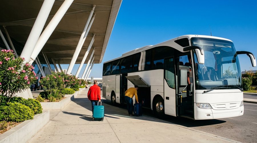 Путешественники грузят чемоданы в белый туристический автобус у навеса терминала аэропорта