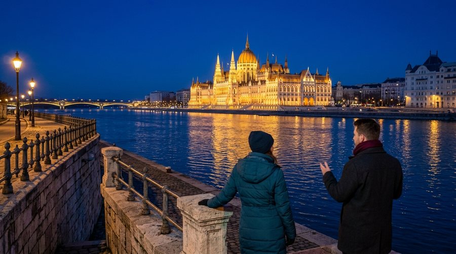 Подсвеченный Парламент над ночным Дунаем, двое смотрят на него с набережной