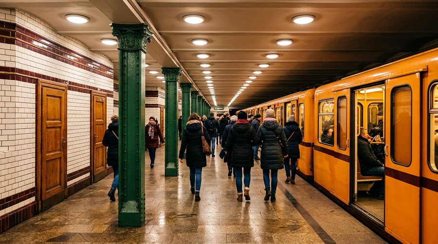Станция старой линии метро: белая плитка, зелёные колонны и жёлтый поезд