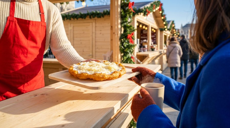 Продавец подаёт лангош со сметаной и сыром покупательнице с кружкой